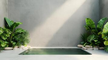 Tranquil pool oasis modern interior nature background minimalist design serene environment photo