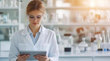 Scientist analyzing data in laboratory setting modern research background professional environment focused viewpoint photo