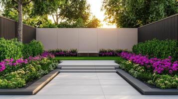 Garden serenity a tranquil outdoor space with vibrant flowers and greenery in the background photo
