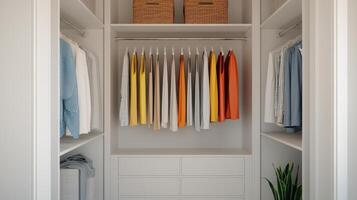 Organized wardrobe inspiration stylish clothes background in a modern closet interior design minimalist environment photo