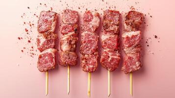 Grilled meat skewers ready to cook kitchen background food image culinary environment close-up shot photo