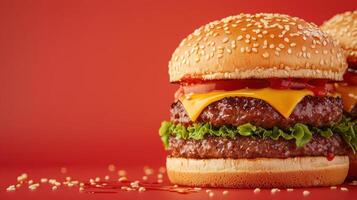 Delicious cheeseburger delight restaurant background food photography colorful environment close-up viewpoint photo