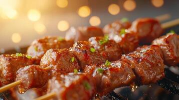 Grilled skewered meat delights outdoor barbecue food photography vibrant background close-up view culinary concept photo