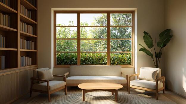 Cozy living room setup with large windows lush green background modern design bright environment inviting viewpoint photo