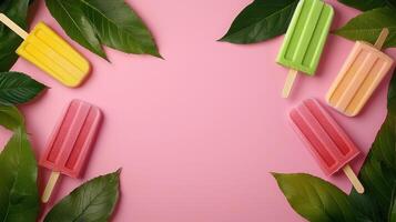 Colorful ice pops on pink background surrounded by leaves summer treats fun atmosphere playful view photo
