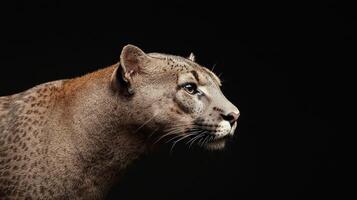 Majestic leopard staring intently dark background animal portrait close-up view wildlife concept photo