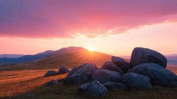 Breathtaking sunset over rocky hills nature landscape serene background mountainous environment panoramic viewpoint photo