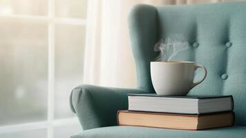 Cozy coffee moment living room still life soft background intimate setting warm atmosphere photo