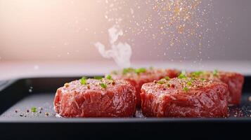 Sizzling steak preparation kitchen background food photography modern environment close-up view culinary concept photo