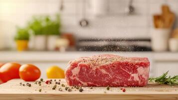 Cooking fresh beef steak with spices in a home kitchen background for food enthusiasts photo