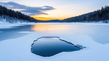 Serene frozen lake sunset nature background winter landscape tranquil environment peaceful viewpoint photo
