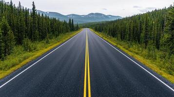 Scenic road journey through lush forest background mountainous landscape nature photography serene environment captivating view photo