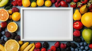 Colorful fresh fruits with blank frame background for food art kitchen display vibrant environment top view photo