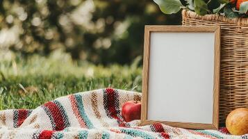 Picnic setting with blank frame green grass background lifestyle image natural environment outdoor viewpoint photo