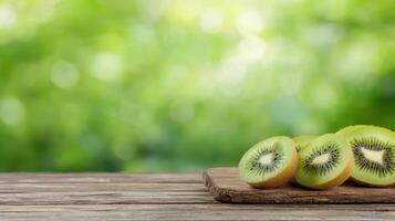 Slicing fresh kiwi fruits on wooden board outdoor setting food photography soft green background photo