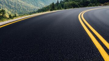 Curved road journey in nature's background scenic landscape open highway serene environment aerial view photo