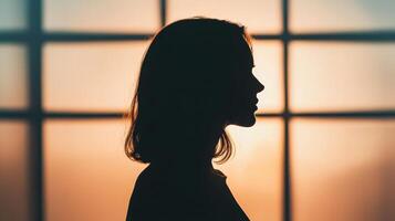 Silhouette of a woman against a soft background indoor setting artistic portrait warm lighting photo