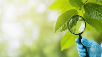 Exploring nature's details outdoor environment scientific observation leafy background close-up view magnifying glass concept photo