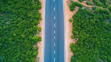 Aerial view of a straight road surrounded by lush greenery nature background scenic landscape tranquil environment photo