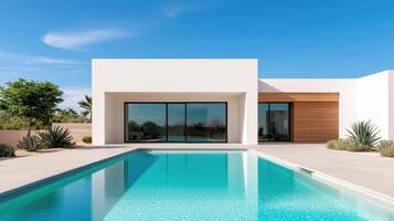 Modern architecture villa with pool serene landscape background luxury home design sunny ambiance photo