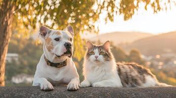 Playful dogs and cats relaxing together in a sunny park background nature photography warm afternoon vibes photo