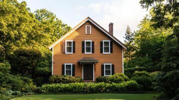 Charming yellow house surrounded by lush greenery outdoor scene nature background tranquil environment photo