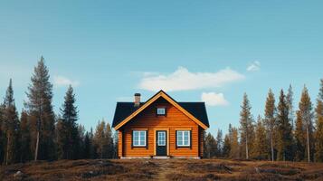 Charming wooden house surrounded by lush evergreen trees tranquil nature background serene landscape view photo