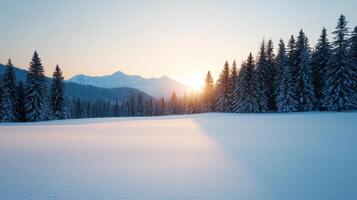 Winter sunrise landscape snow-covered mountains nature photography serene background wide-angle view photo