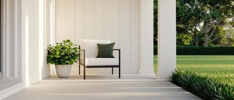 Relaxing chair on porch with lush green background outdoor space modern design tranquil setting photo