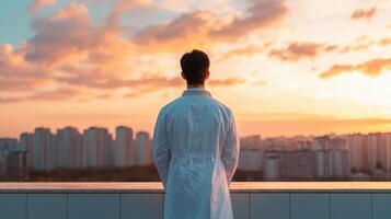 Doctor contemplating future at sunset urban background inspirational image peaceful environment wide viewpoint photo