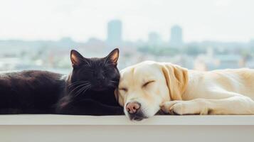 Adorable cats and dogs sleeping together cozy home background pet photography indoor setting warm atmosphere photo