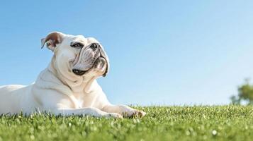 Relaxing bulldog on grass sunny park animal photography clear sky background calm environment close-up perspective photo