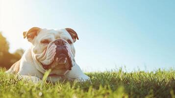 Bulldog relaxing on the grass sunny park background animal photography outdoor setting close-up view photo