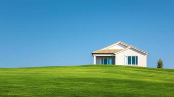 Modern house on lush green hill tranquil landscape background minimalist architecture clear sky view photo