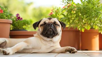 Relaxing pug dog in garden background outdoor setting pet photography sunny environment close-up view photo