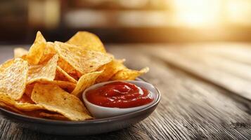 Delicious nachos with ketchup background indoor setting food photography warm environment close-up perspective photo