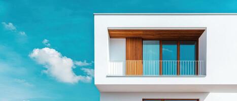Modern architectural design of a house with a balcony bright blue sky background minimalist style aesthetic viewpoint photo