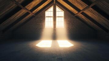 Sunlight streaming through attic windows cozy space interior photography rustic background warm atmosphere photo