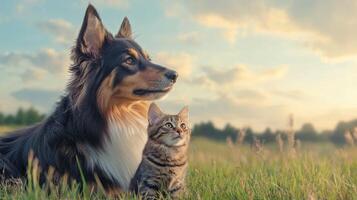 Playful dog and cat duo in a lush green field background nature scene animal companionship outdoor serenity photo