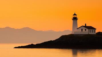 Sunset over lighthouse coastal landscape tranquil scene serene background captured aesthetically photo