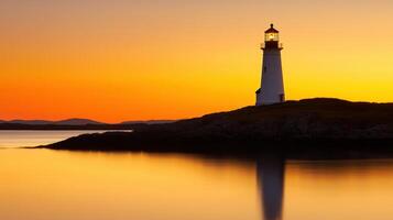 Stunning lighthouse at sunset coastal waters landscape photography serene background reflections photo