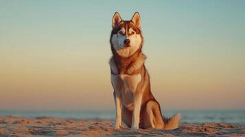 Siberian husky posing on the beach at sunset captivating photography background nature's serenity photo