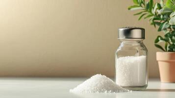 Salt shaker with spilled salt and green plant background on table in cozy kitchen environment photo