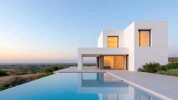 Elegant modern villa with infinity pool at sunset serene background architectural photography coastal view photo