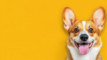 Happy corgi dog portrait vibrant yellow background pet photography indoor setting close-up view joyful concept photo