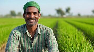 Farmer smiling in lush rice fields rural area portrait photography vibrant background positive vibe photo