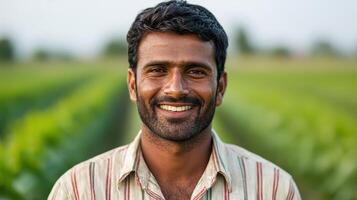 Smiling farmer in green field background rural india portrait photography natural light close-up shot photo
