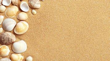 Seashells on sandy beach background coastal nature scene close-up view relaxing environment photo