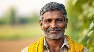 Smiling farmer in lush green fields rural india portrait photography natural background close-up view agricultural life concept photo