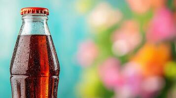 Refreshing soft drink bottle vibrant floral background product photography outdoor setting close-up view beverage concept photo